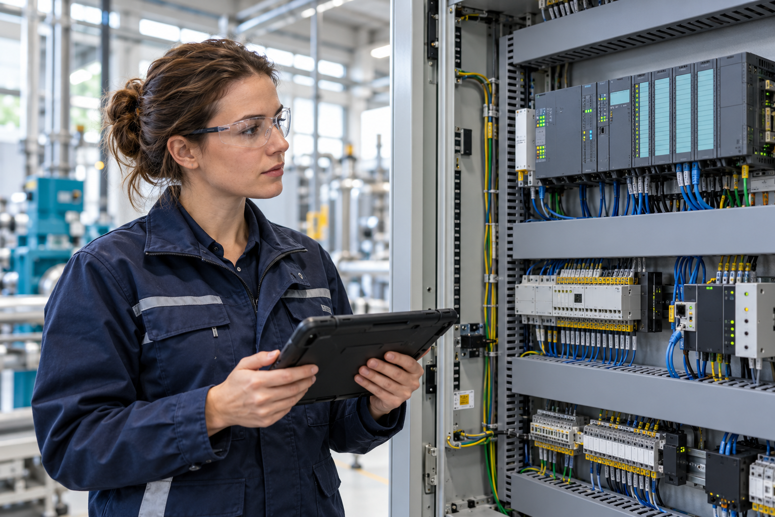 Fotorealistische illustratie van een automatiseringsengineer bij een PLC-besturingskast