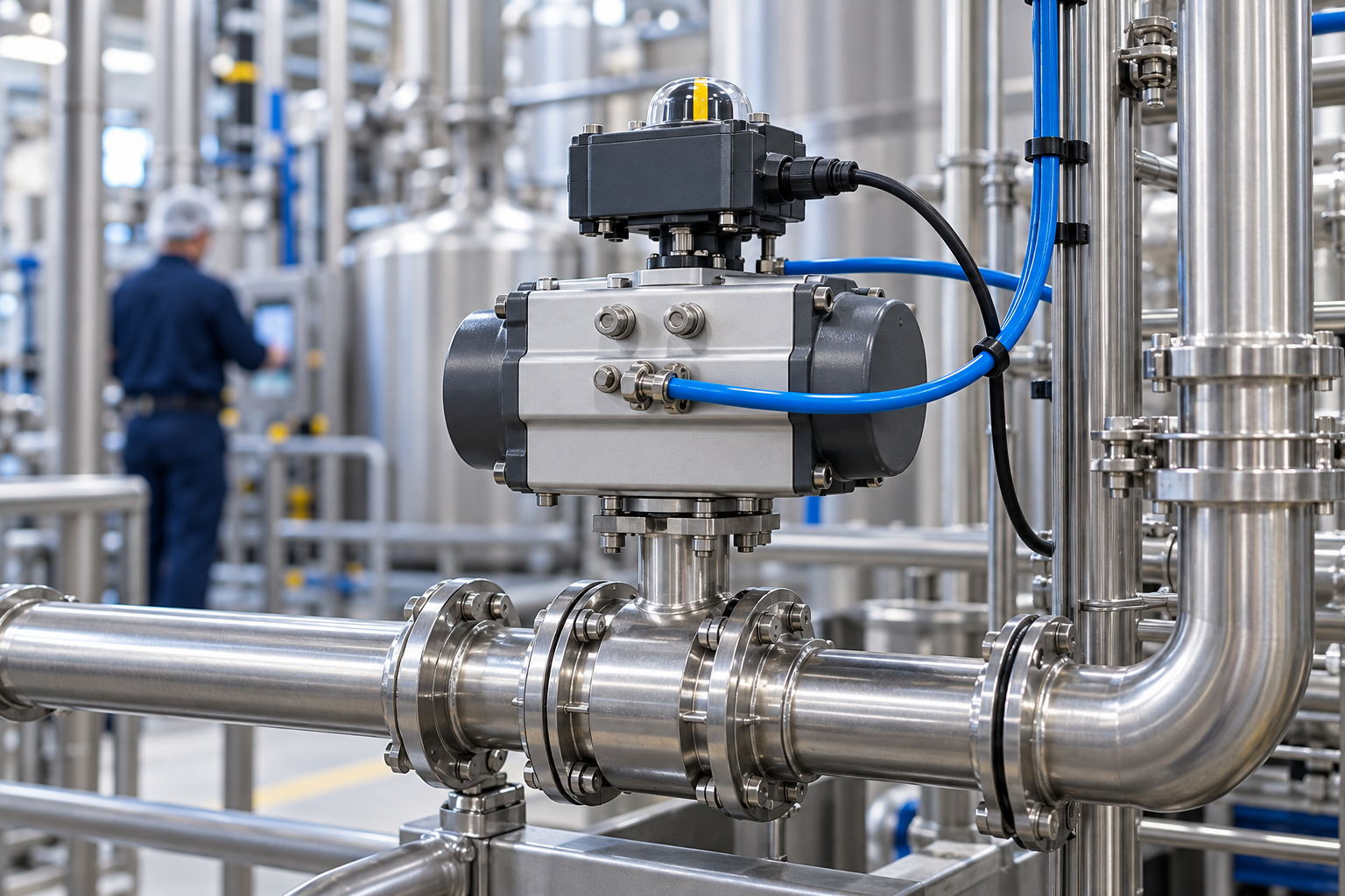 Fotorealistische illustratie van een industriële regelklep met actuator, signaalkabel en standterugmelding